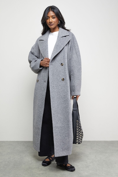 Warehouse Oversized Pleat Back Detail Maxi Coat Grey Marl