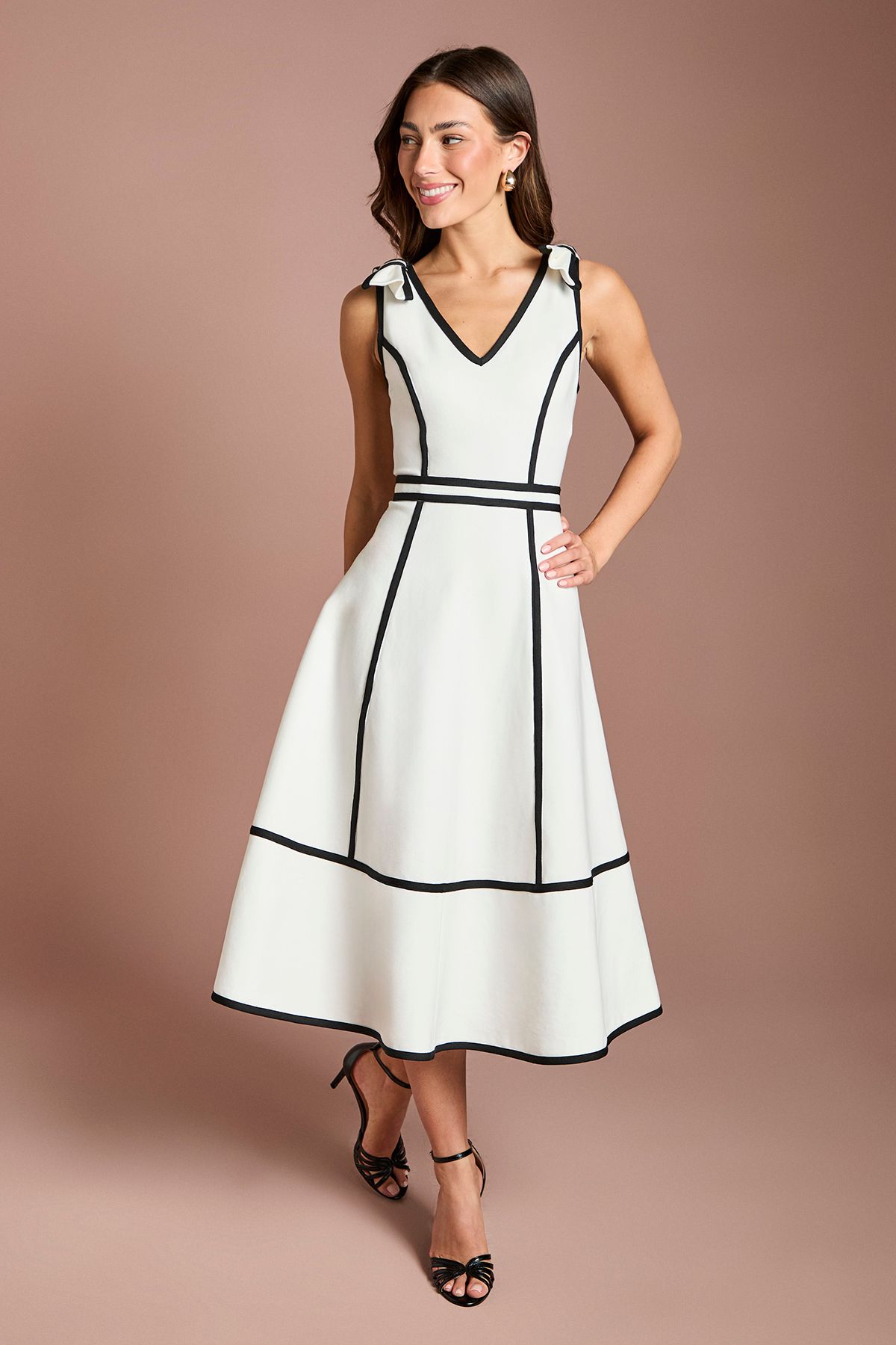 Coast Ponte Piping Contrast Midi Dress Cream