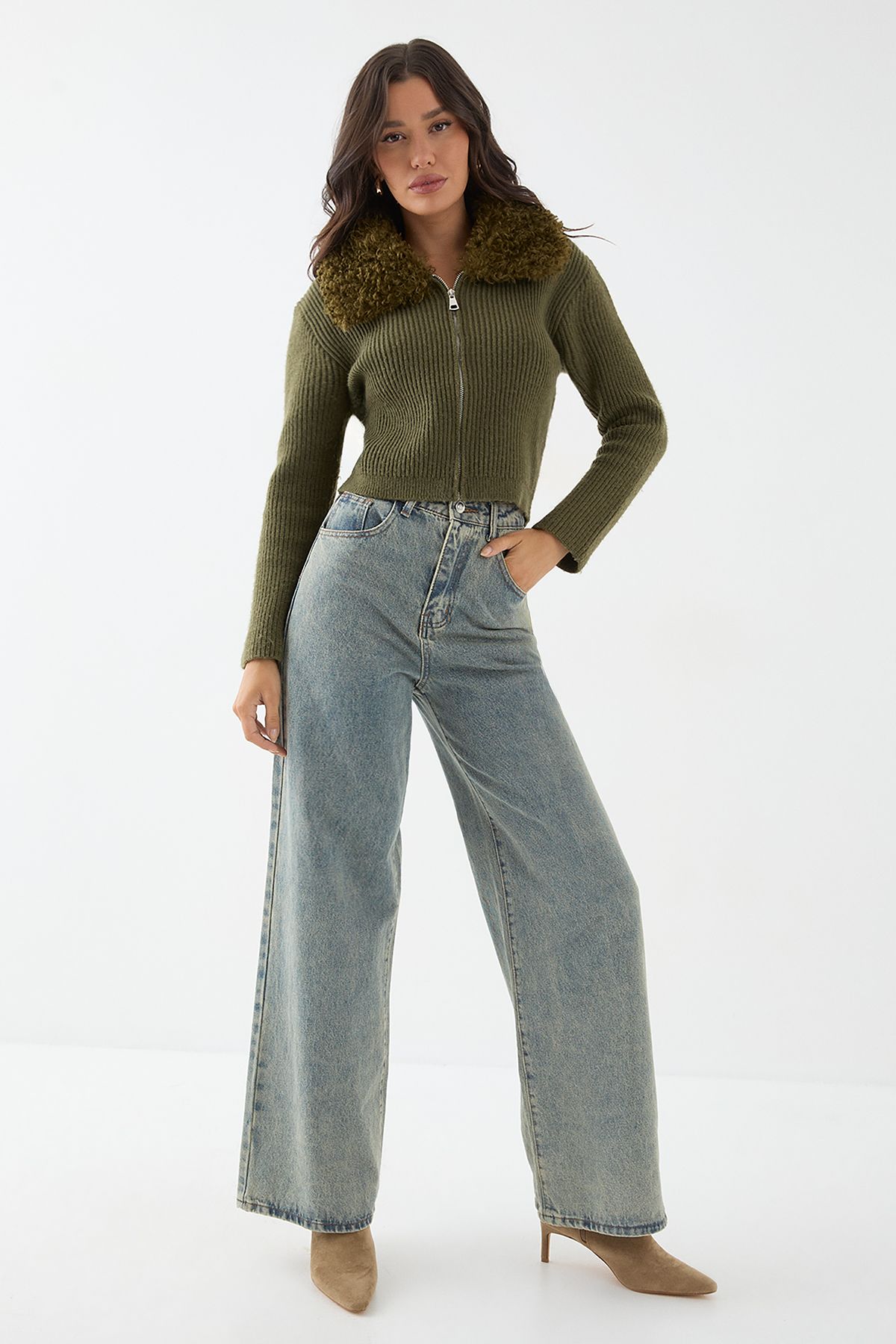 MissPap Teddy Fur Collar Long Sleeve Zip Up Jumper Khaki image 2