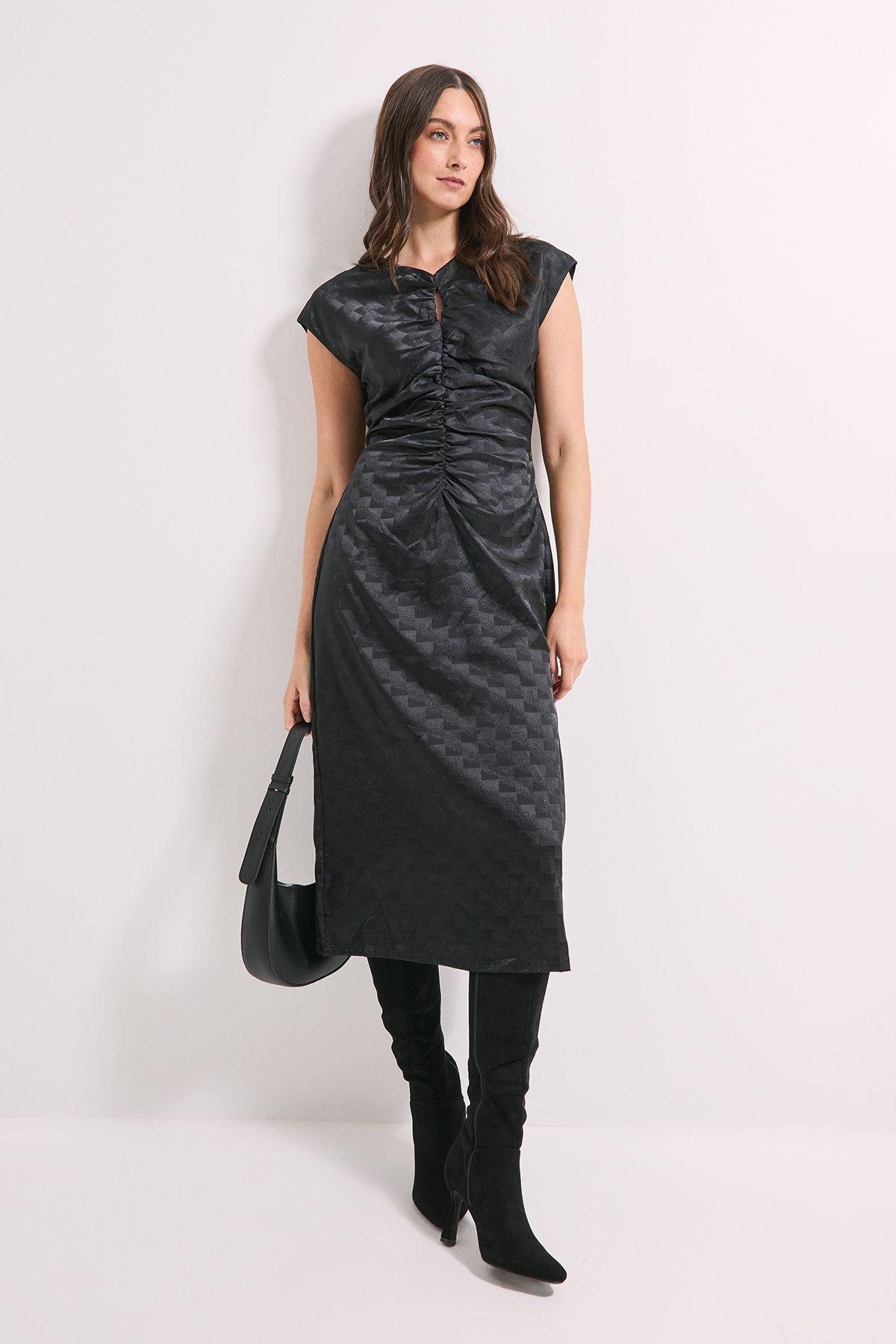 Principles Ruched Front Satin Jacquard Keyhole Detail Midi Dress Black