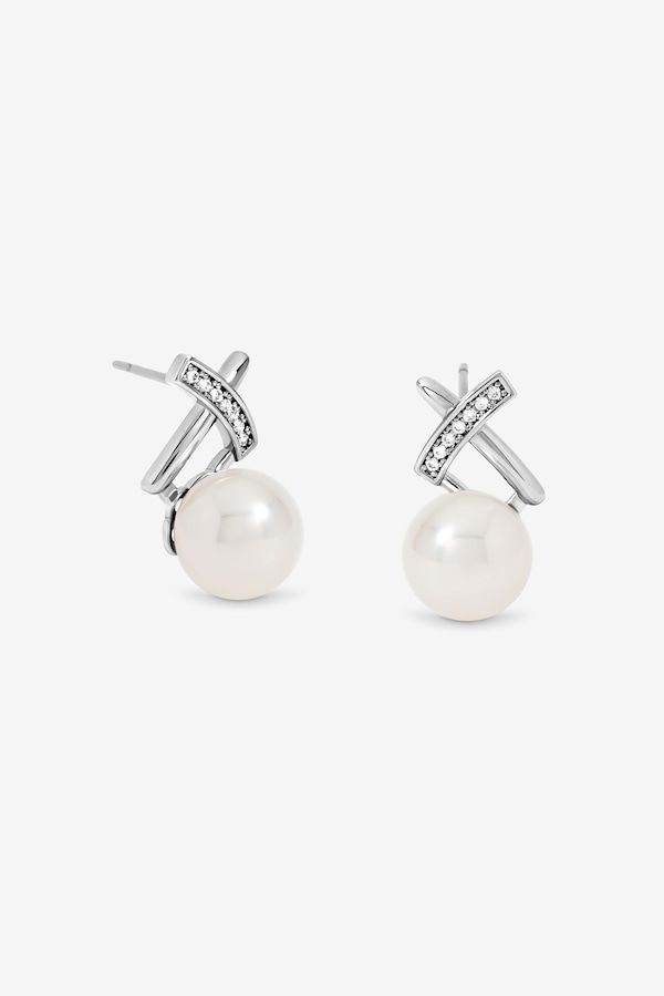 Jon Richard Rhodium Plated Pave and Pearl Kiss Stud Earrings