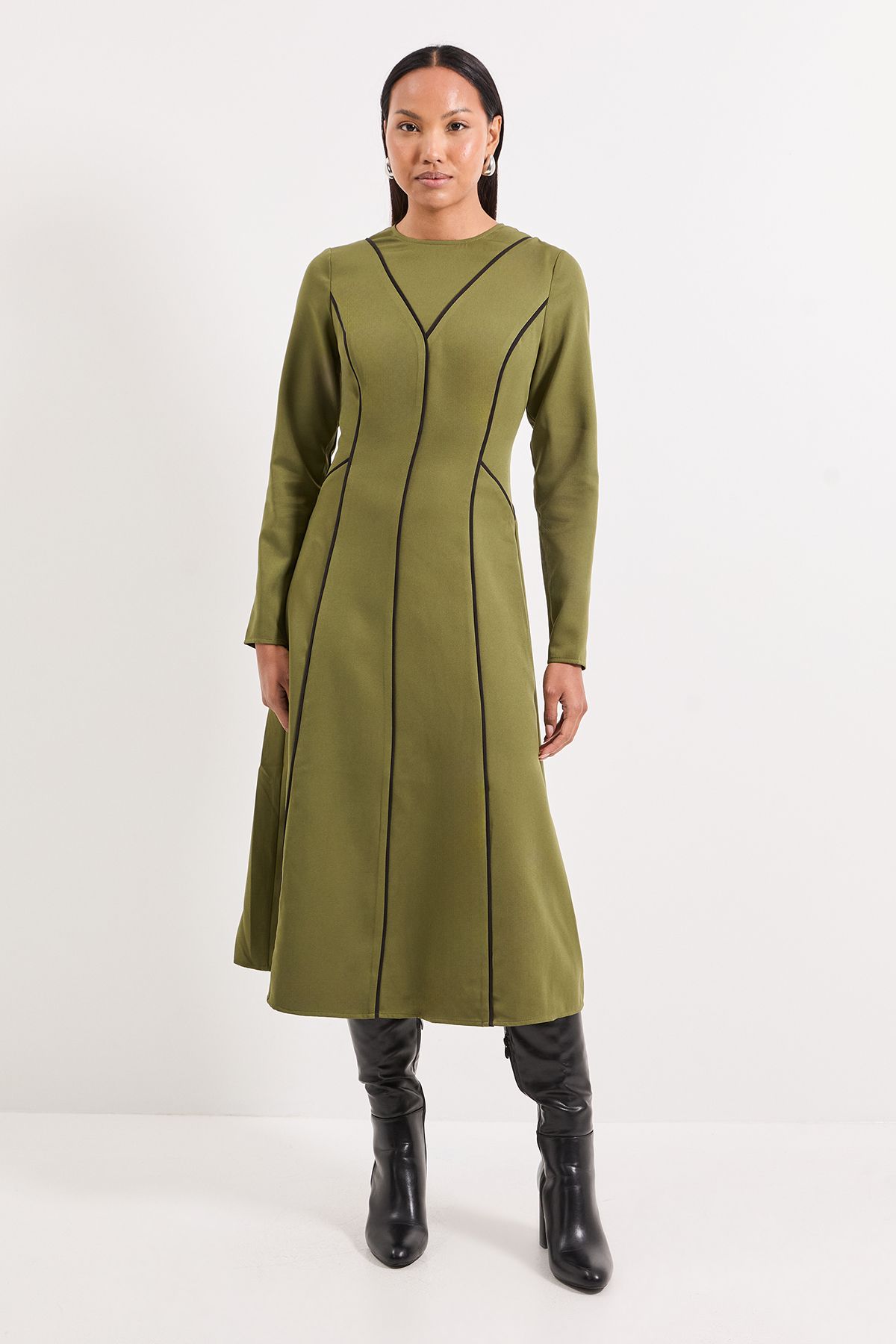 Principles Contrast Seam Detail Fit & Flare Crepe Midi Dress Olive image 1