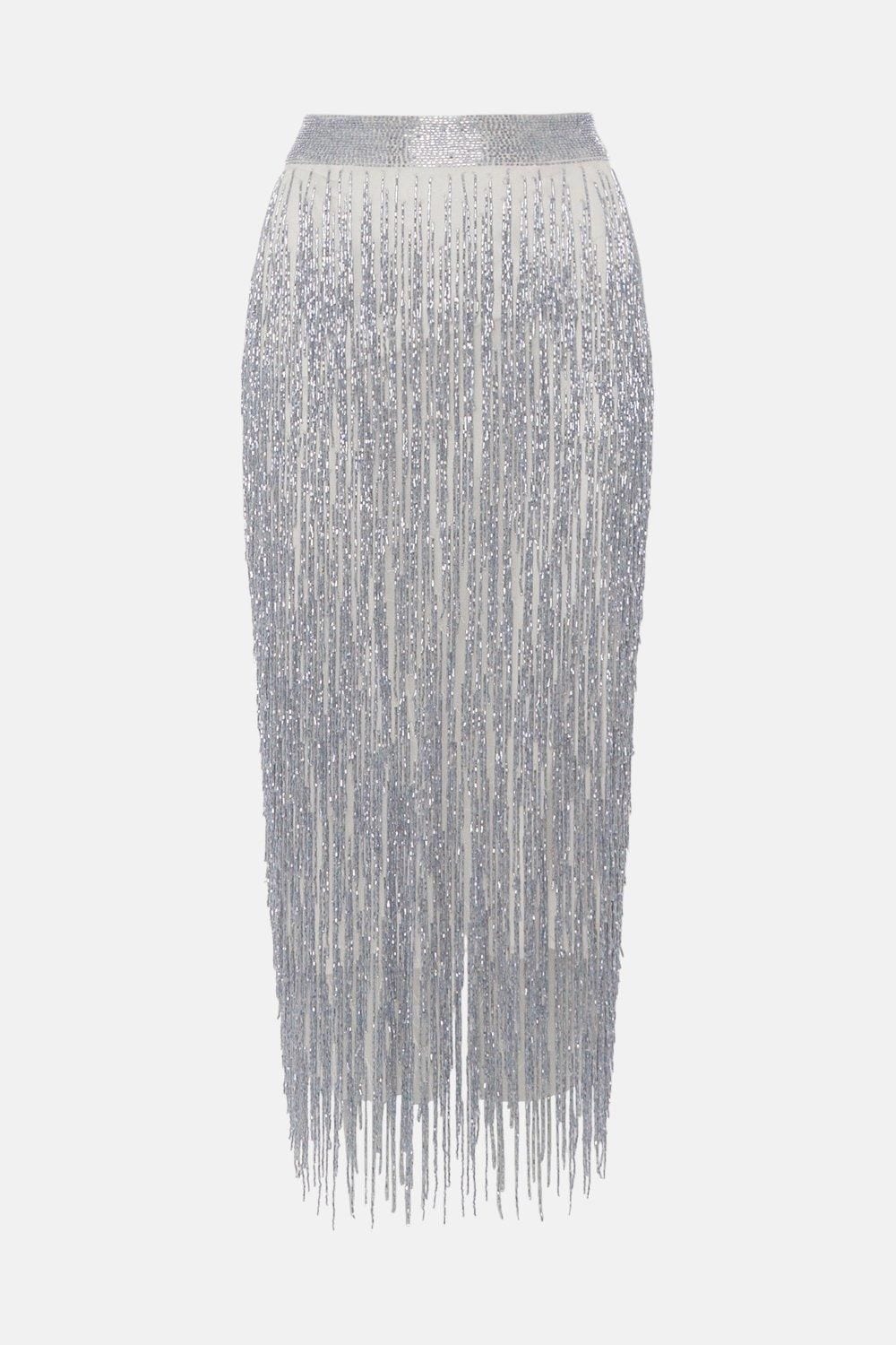 Coast Premium Fringe Embellished Midi Skirt Silver image 4