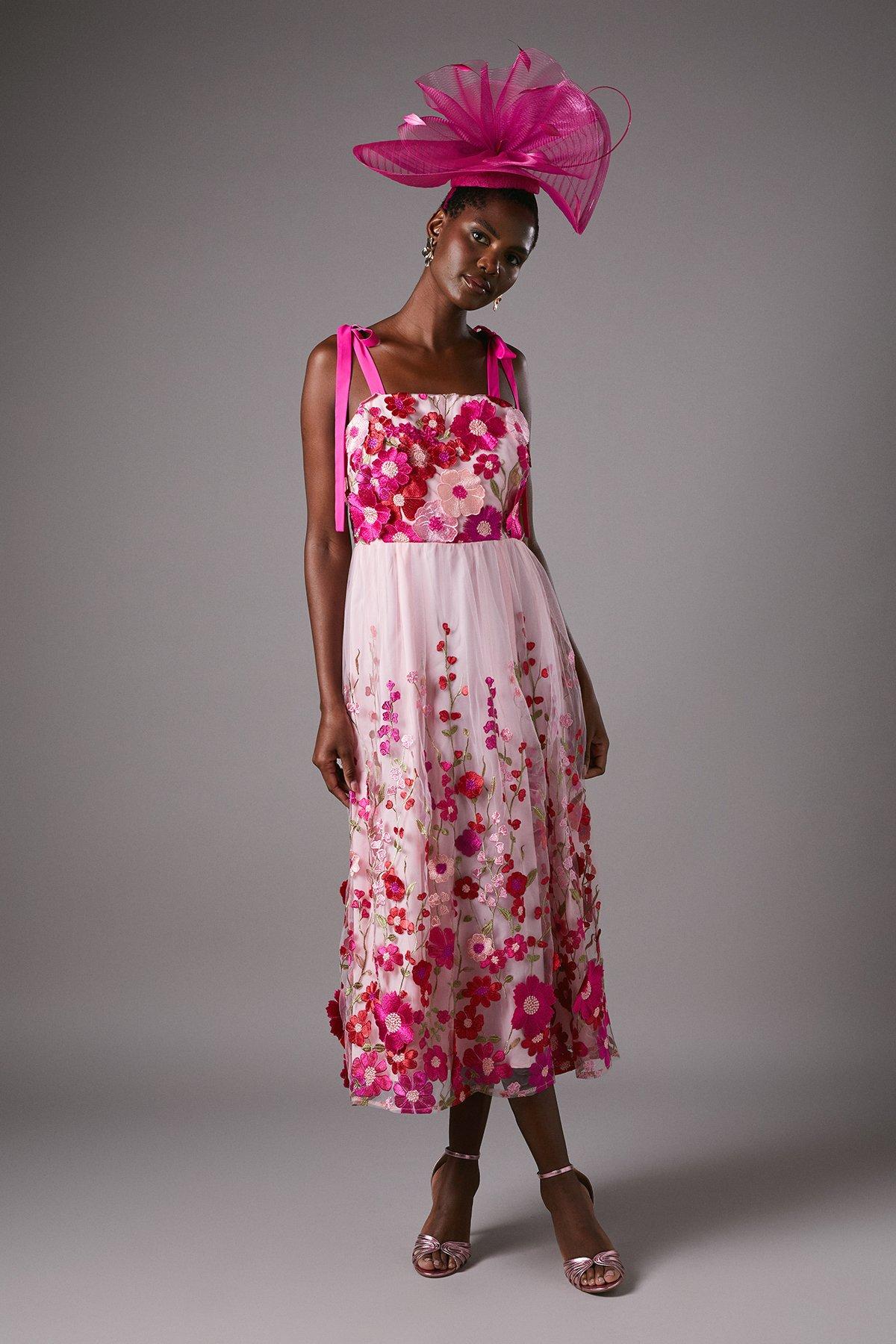 Coast Embroidered Floral Mesh Midi Wedding Guest Dress Pink image 1