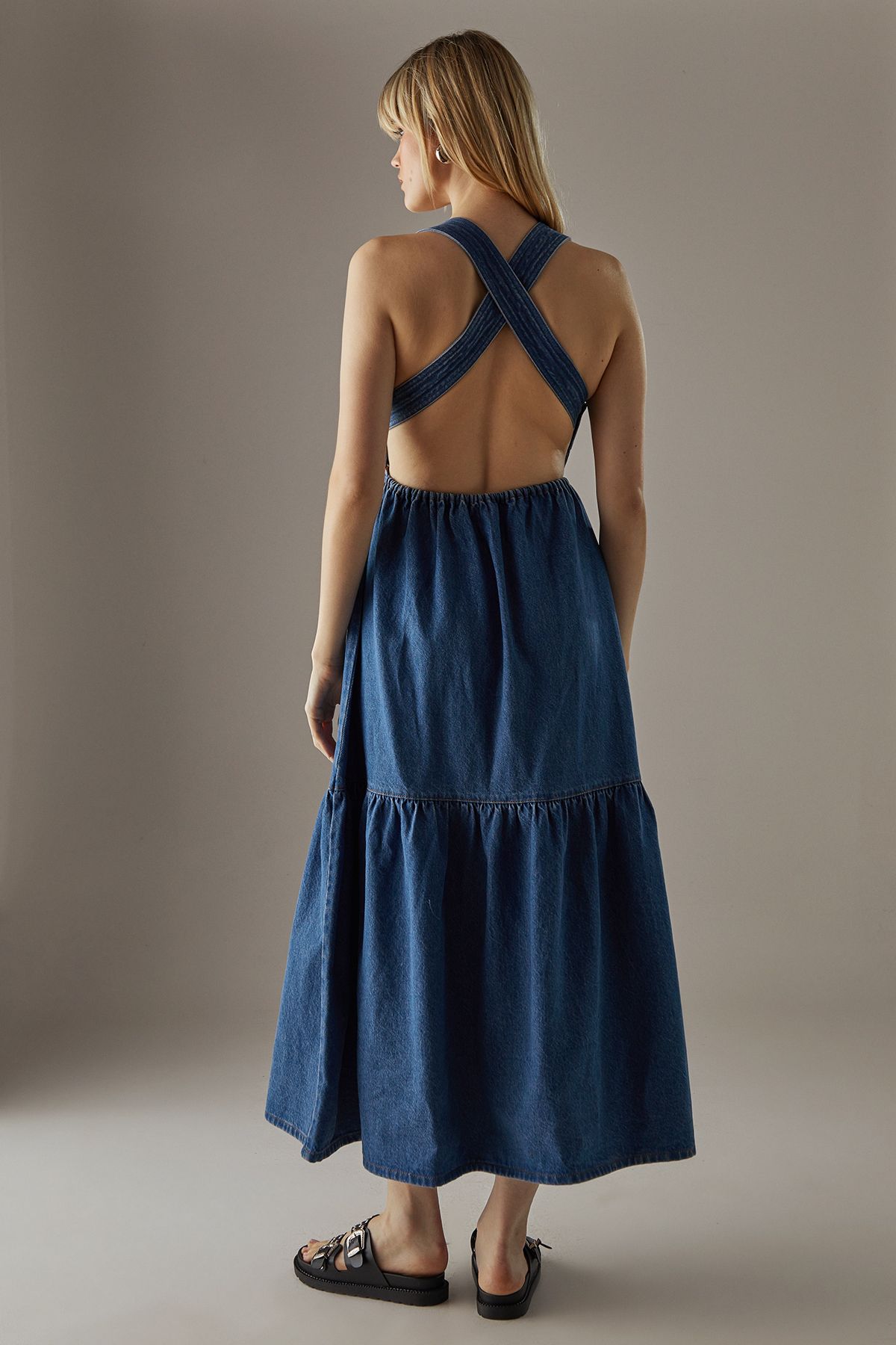 Warehouse Cross Back Denim Midi Dress Dark Wash image 3