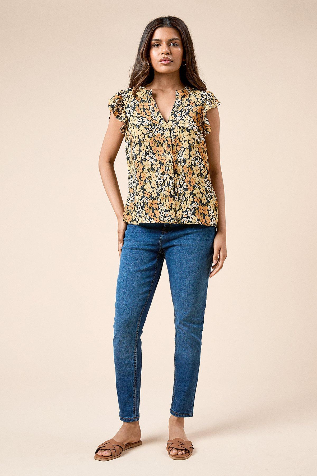 Dorothy Perkins Petite Yellow Floral Button Front Ruffle Shell Top Floral image 2