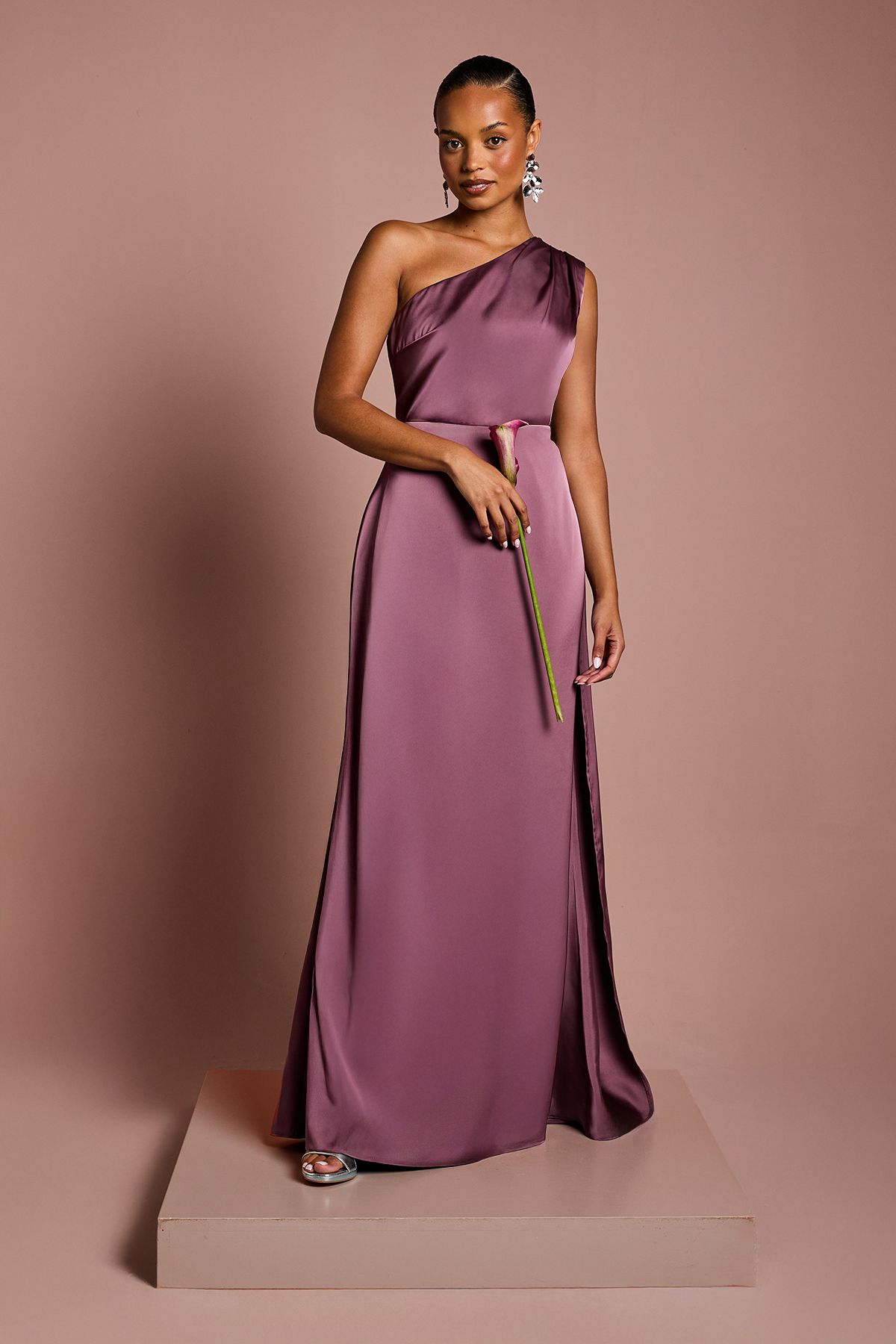 Coast Coast Honoured Petite Drape One Shoulder Satin Maxi Bridesmaid Dress Dark Mauve image 1