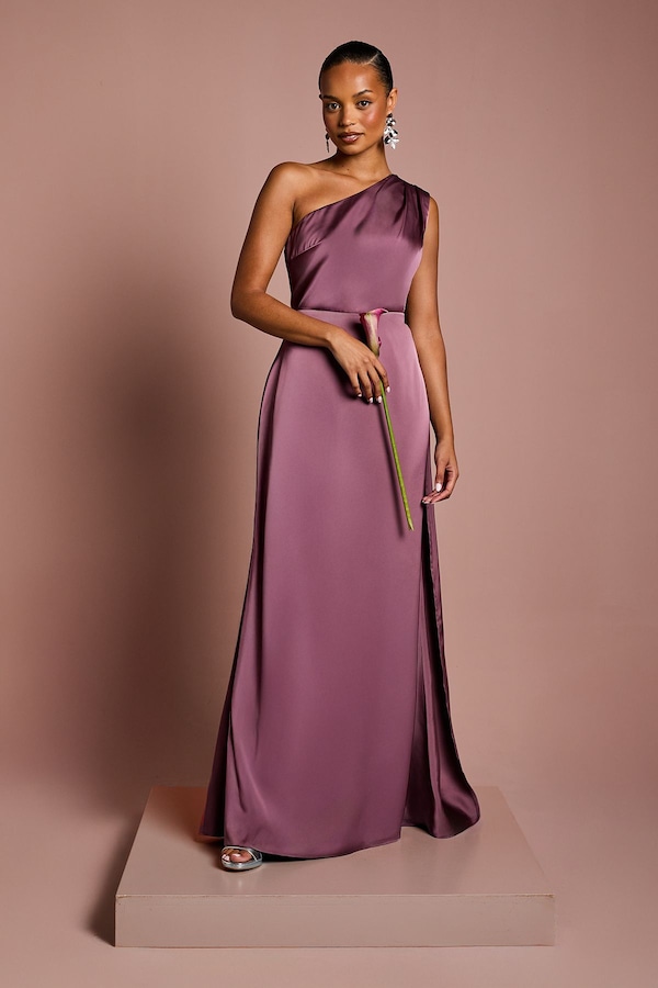 Coast Coast Honoured Petite Drape One Shoulder Satin Maxi Bridesmaid Dress Dark Mauve
