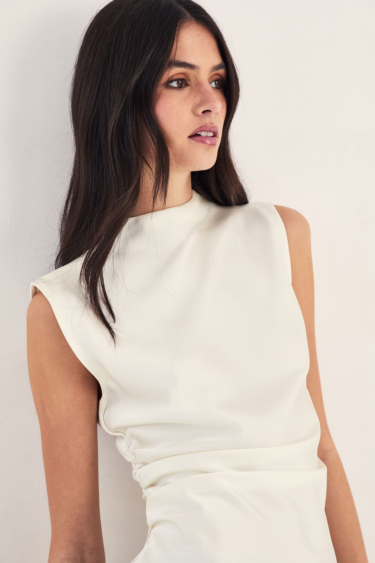 NastyGal Satin Ruched High Neck Top Ivory image 2