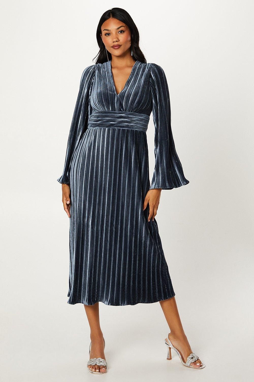 Coast Pleated Velvet Long Sleeve Pencil Dress Steel image 1