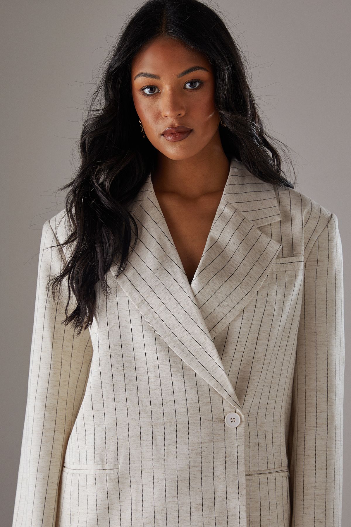 Warehouse Linen Look Pinstripe Blazer Natural image 3