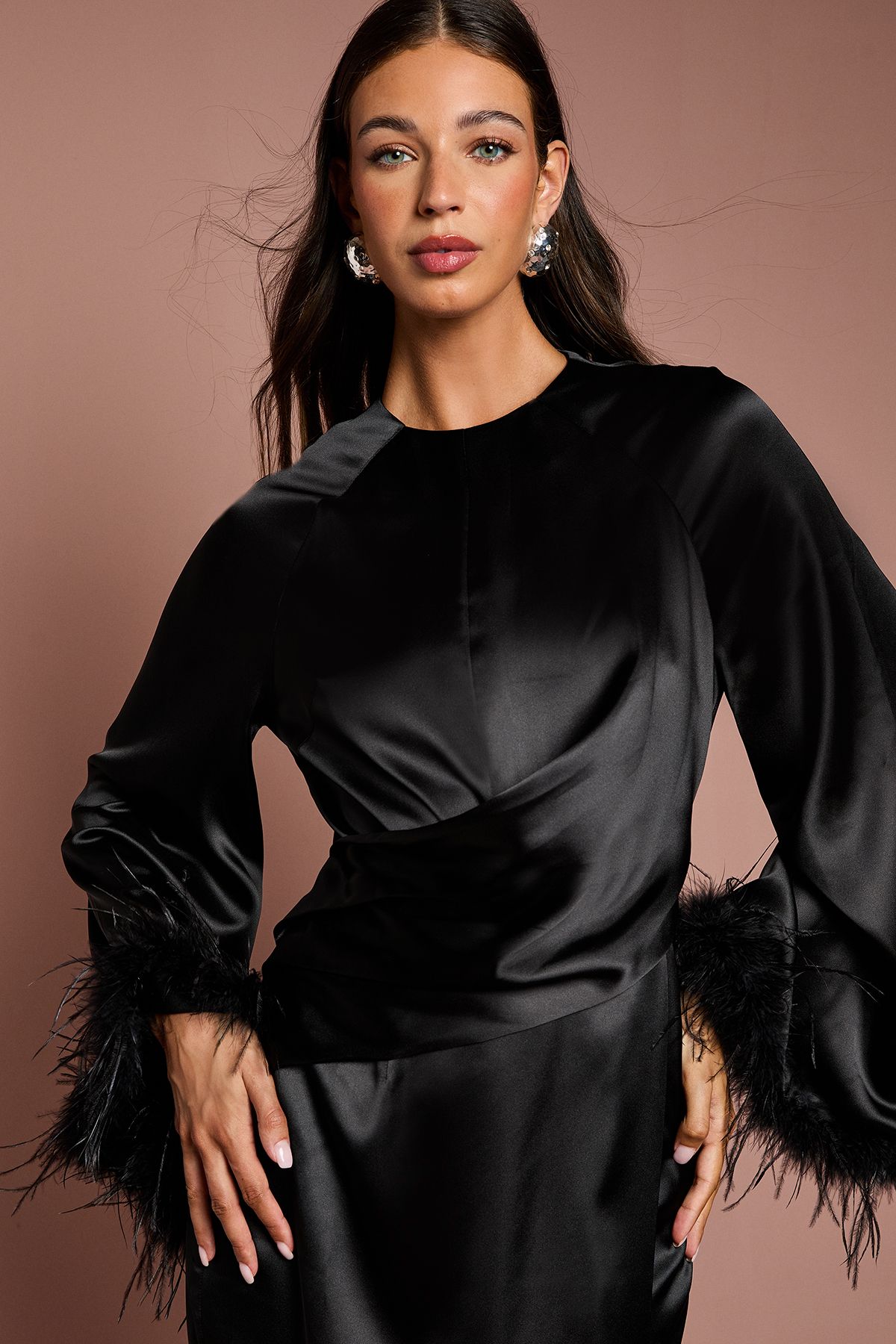 Coast Feather Trim Satin Maxi Dress Black image 3