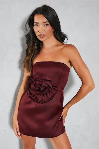 MissPap Premium Satin Floral Bandeau Mini Dress Berry
