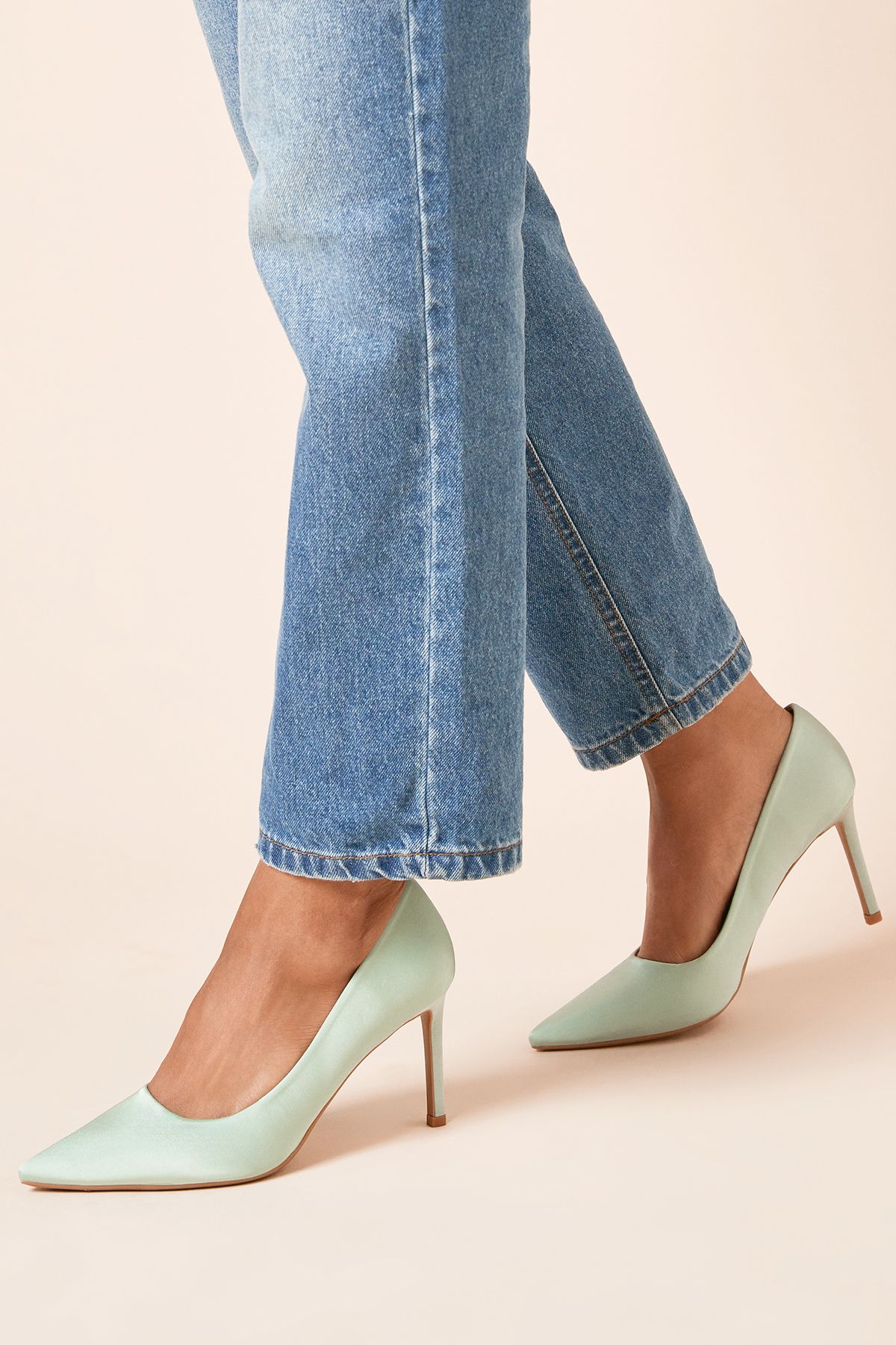 Dorothy Perkins Dash Satin Pointed High Stiletto Heel Court Shoes Sage image 1