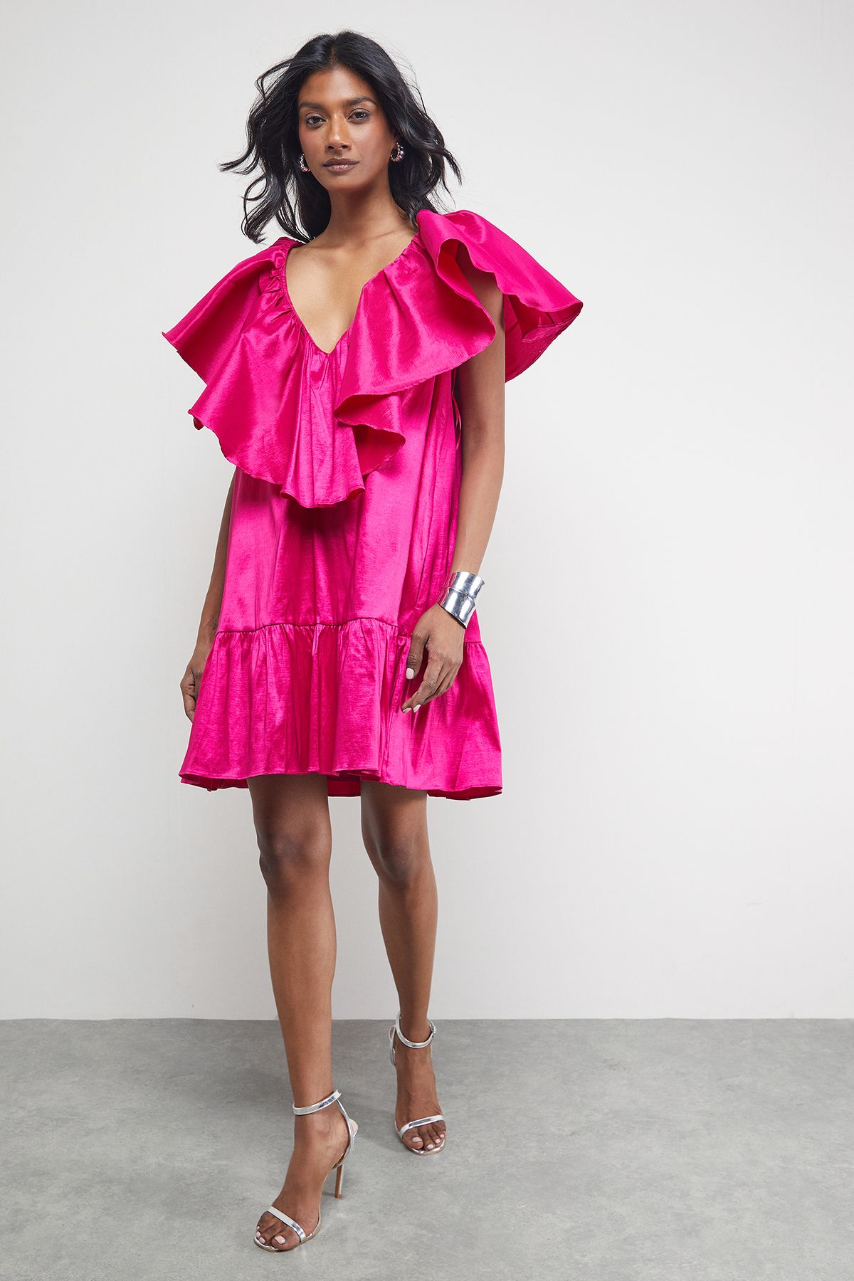 Warehouse Taffeta Frill V Neck Smock Mini Dress Magenta Pink image 1