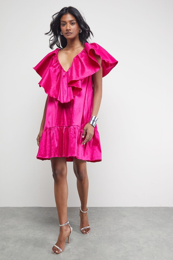 Warehouse Taffeta Frill V Neck Smock Mini Dress Magenta Pink