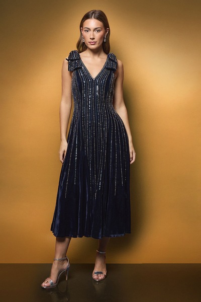 Coast Velvet Bow Embellished Midi Dress Navy