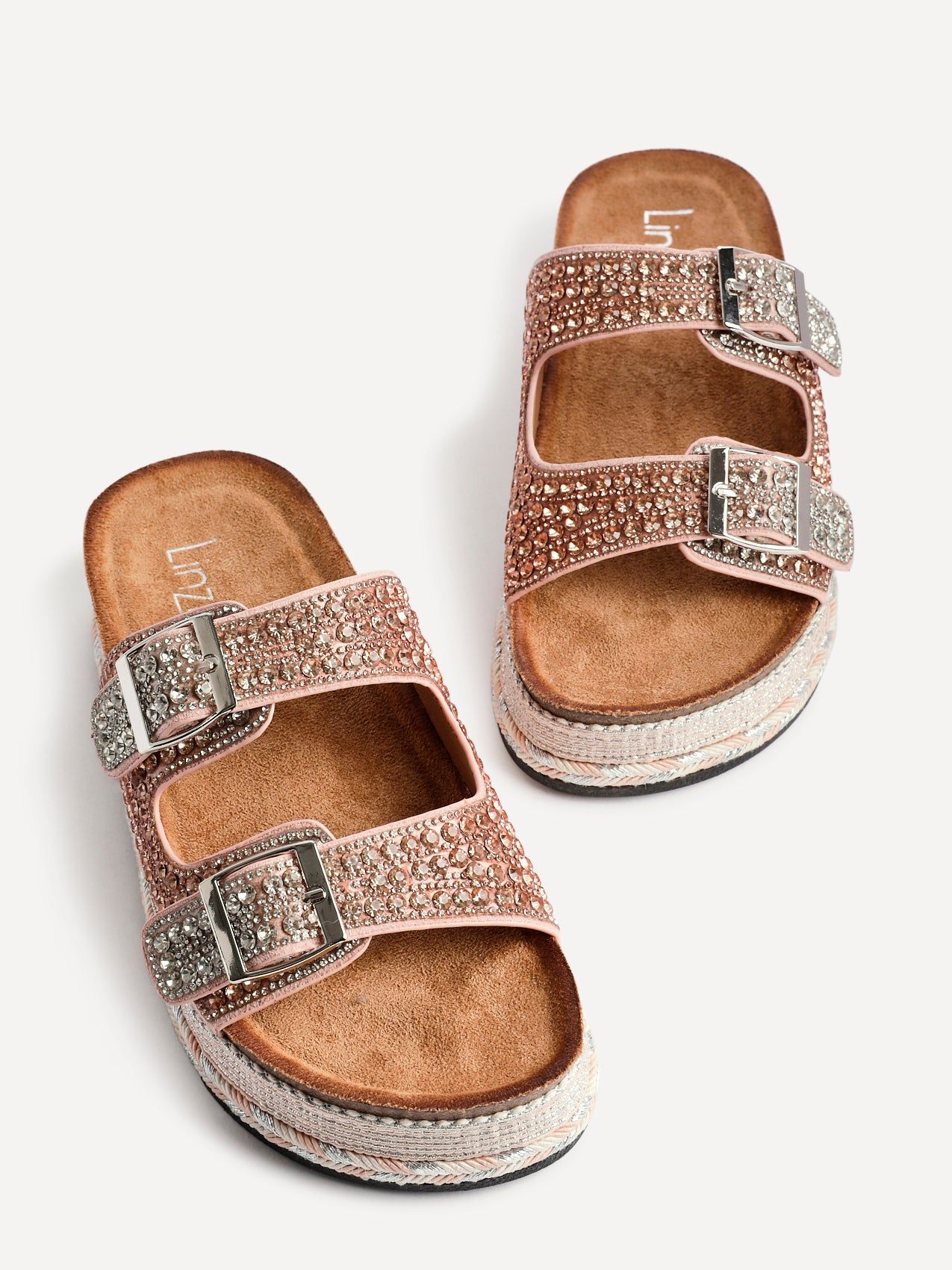 Linzi Glitzy Rose Gold Diamante Double Buckle Flatform Slider Sandal image 4