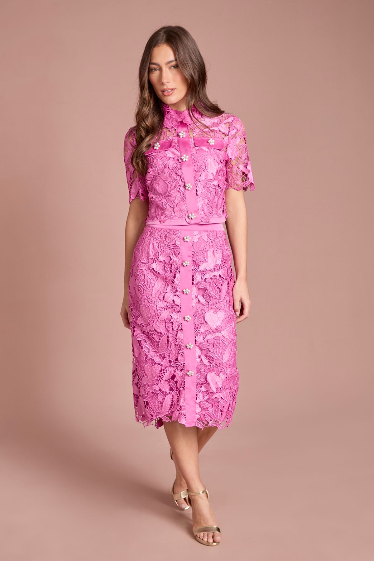 Coast Lace Pearl Button Pencil Skirt Pink