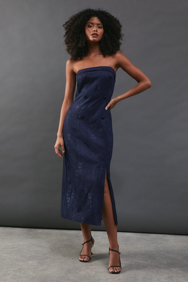 Warehouse Premium Lace Jacquard Bandeau Double Breasted Midi Dress Navy
