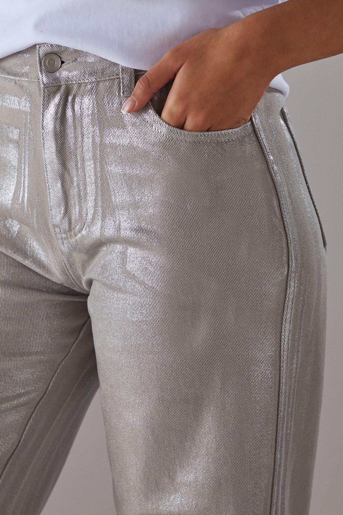 Warehouse Foil Coated High Waist Wide Leg Jeans Silver image 3