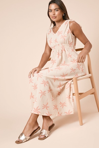 Dorothy Perkins Cream Palm Tie Shoulder Shirred Waist Jersey Midi Dress Cream