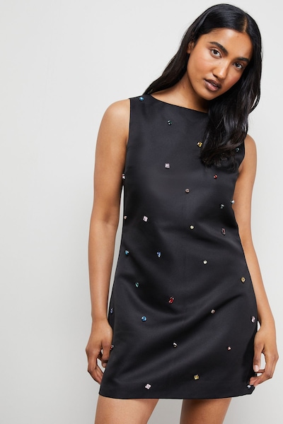 Warehouse Embellished Structured Sleeveless Sequin Mini Dress Black