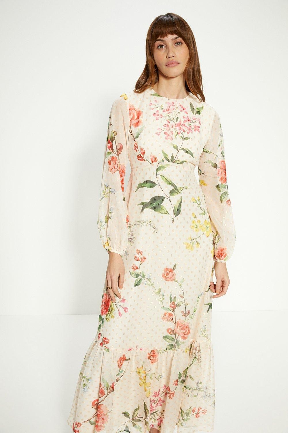 Oasis Petite Trailing Floral Metallic Balloon Sleeve Dress Ivory image 2