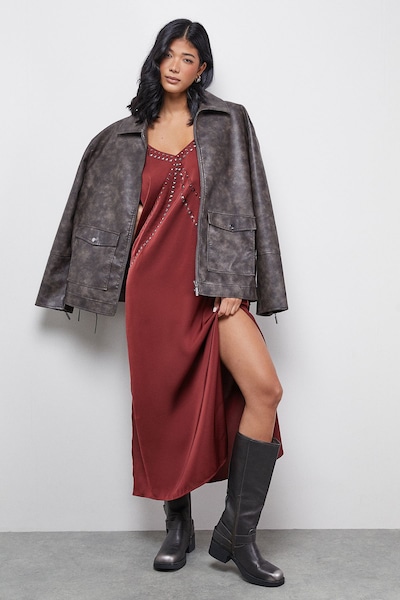 Warehouse Premium Stud Embellished Strappy Cami Slip Dress Burgundy