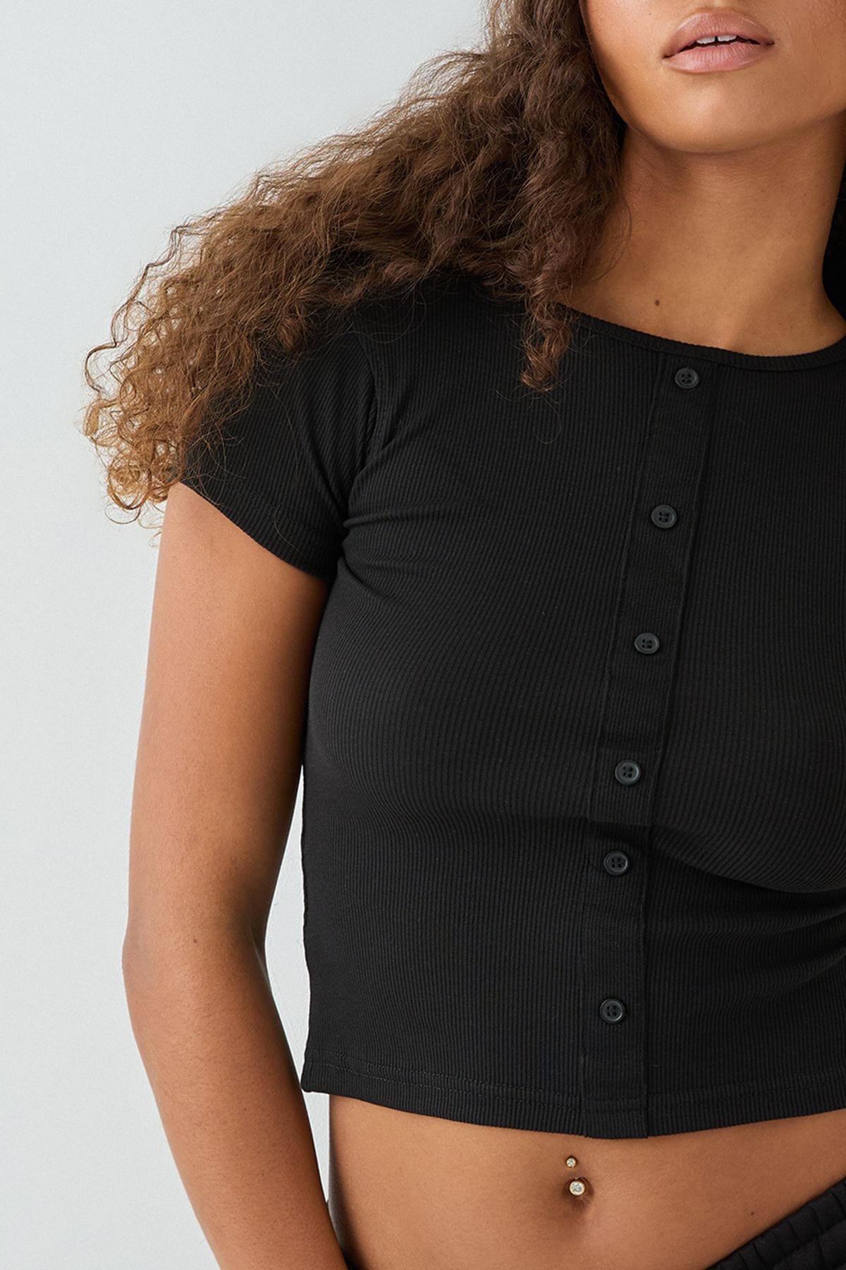 DSGN Studio DSGN Studio Square Script Embroidered Rib Fitted Button Through Top Black image 5