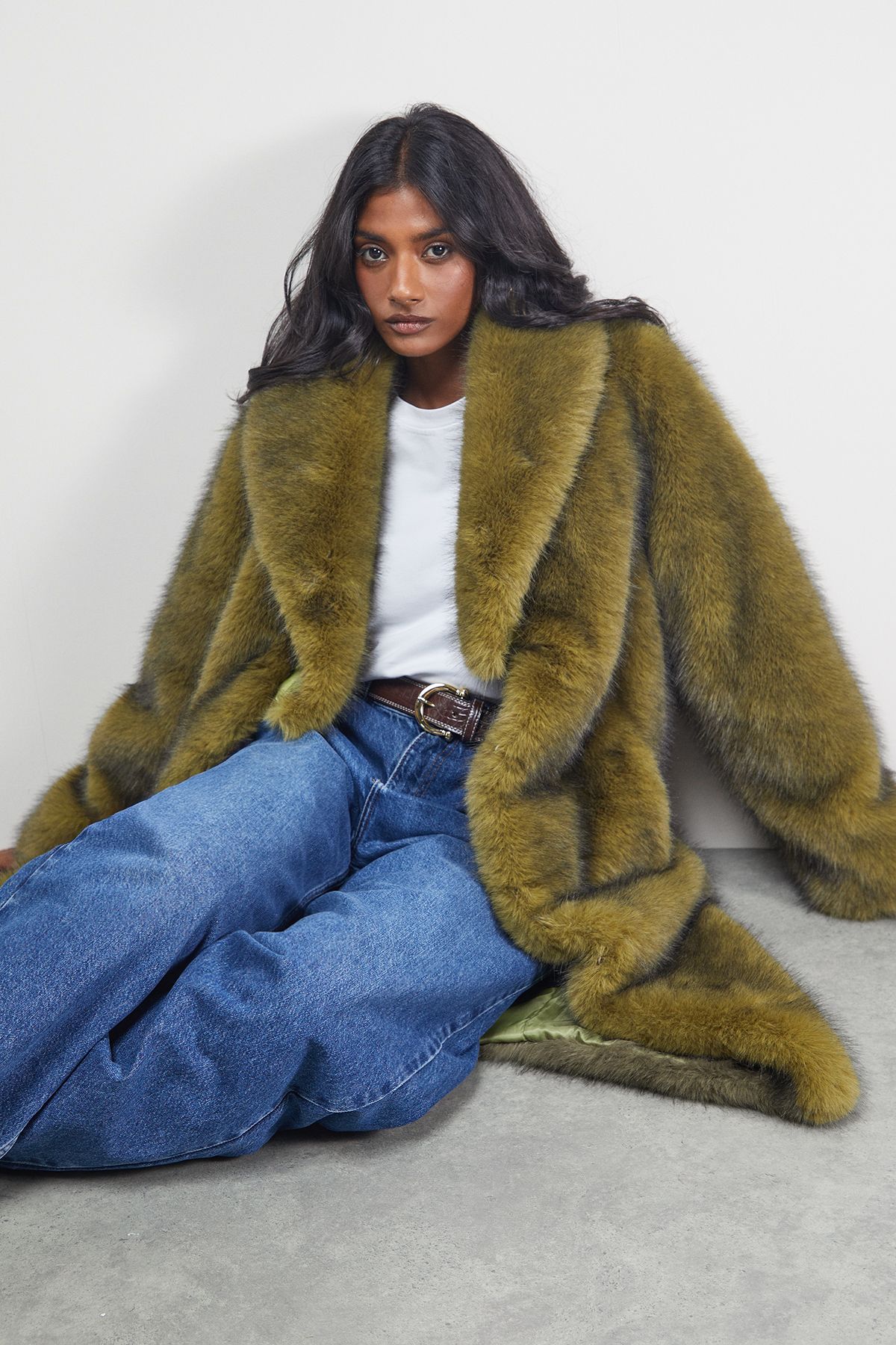 Warehouse Two Tone Luxe Faux Fur Coat Green image 2