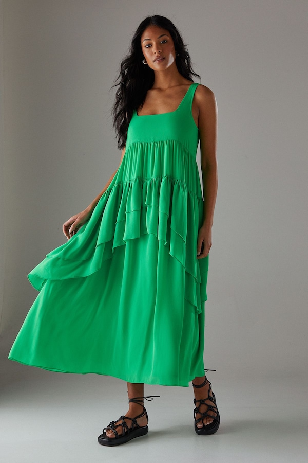 Warehouse Chiffon Ruffle Tier Smock Midi Sundress Green
