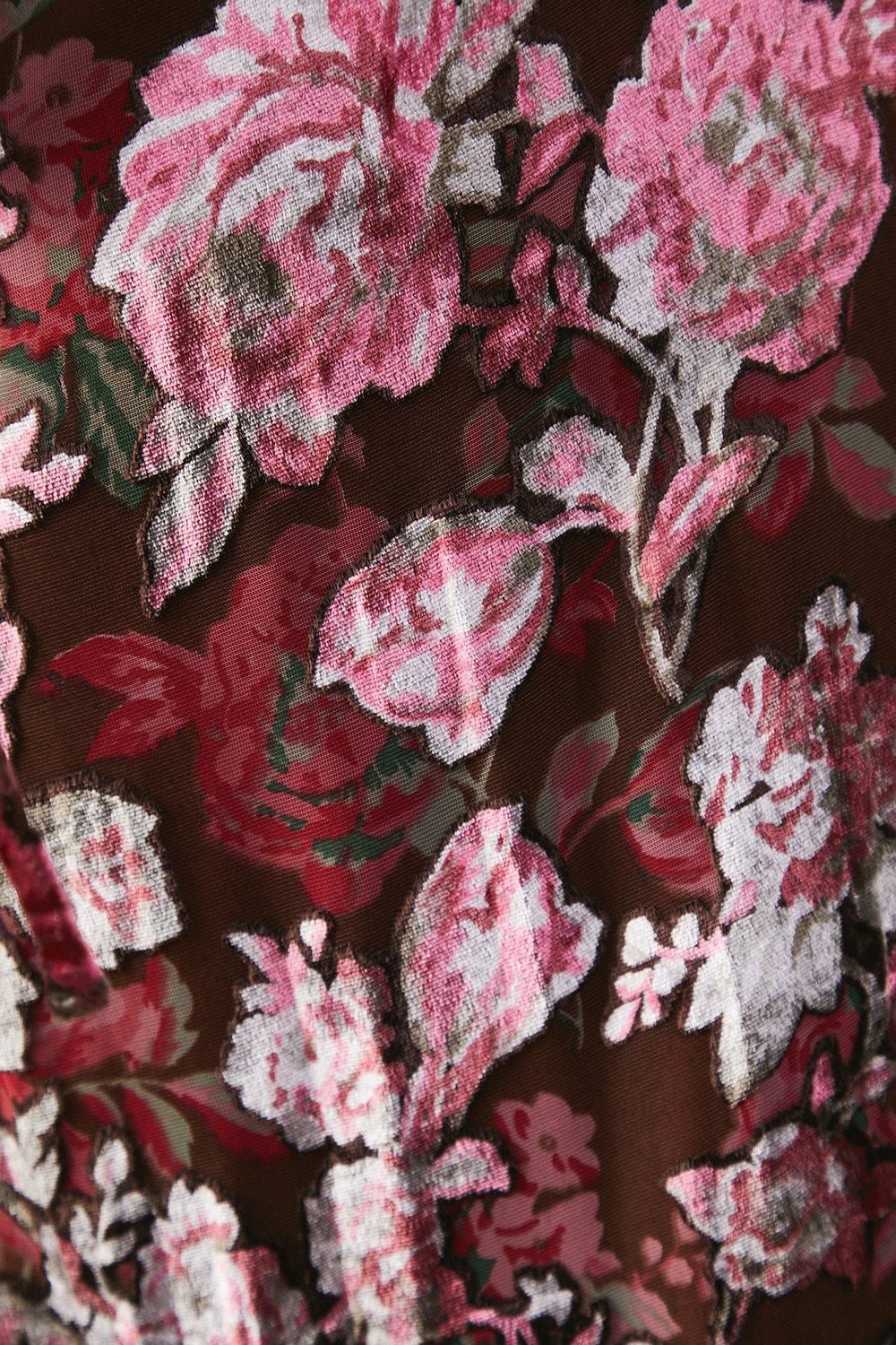 Warehouse Burnout Floral Velvet Frill Shoulder Tie Front Midi Dress Floral image 5