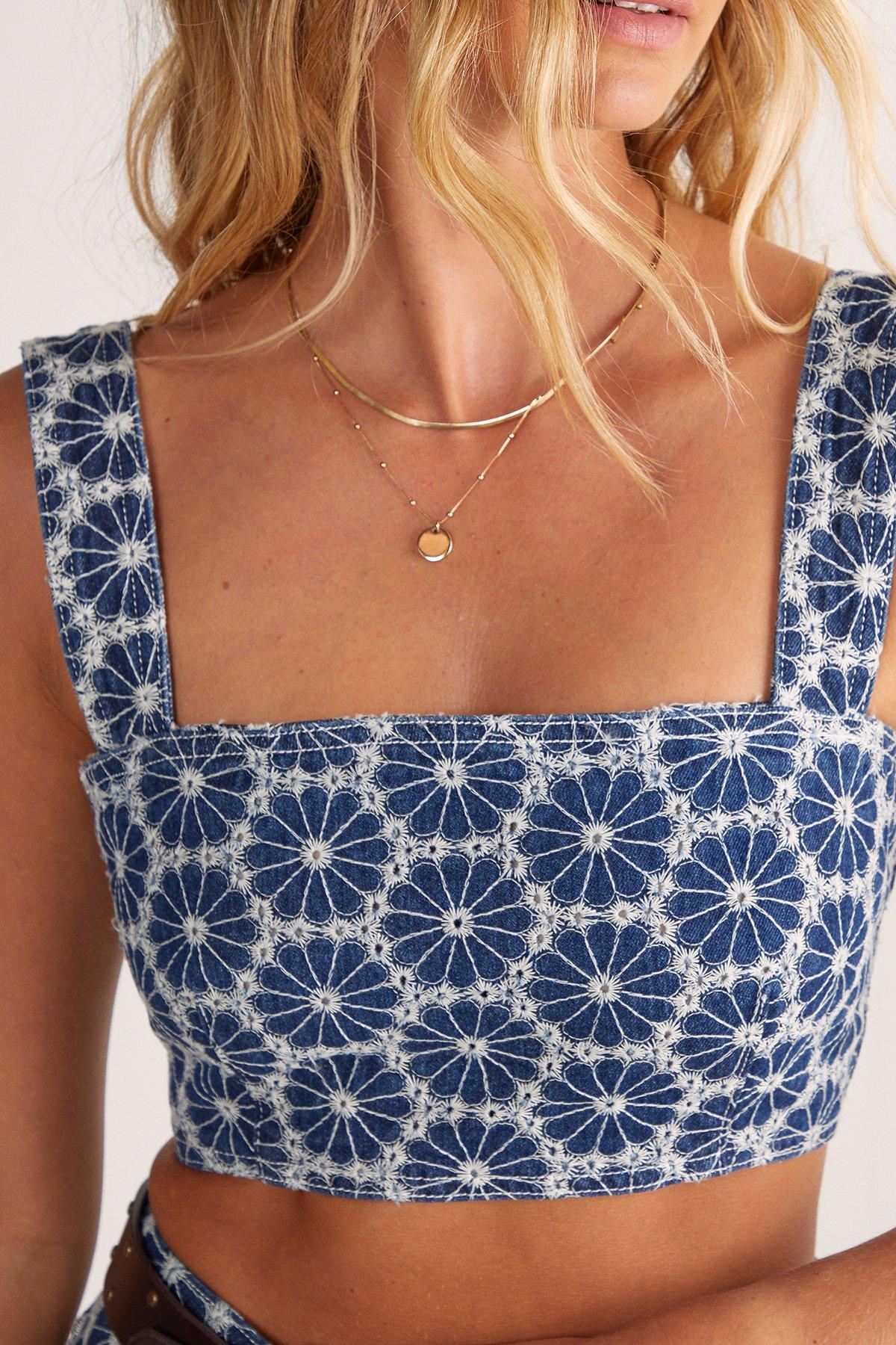 NastyGal (Az) Denim Floral Embroidered Strappy Crop Top Dark Wash image 3