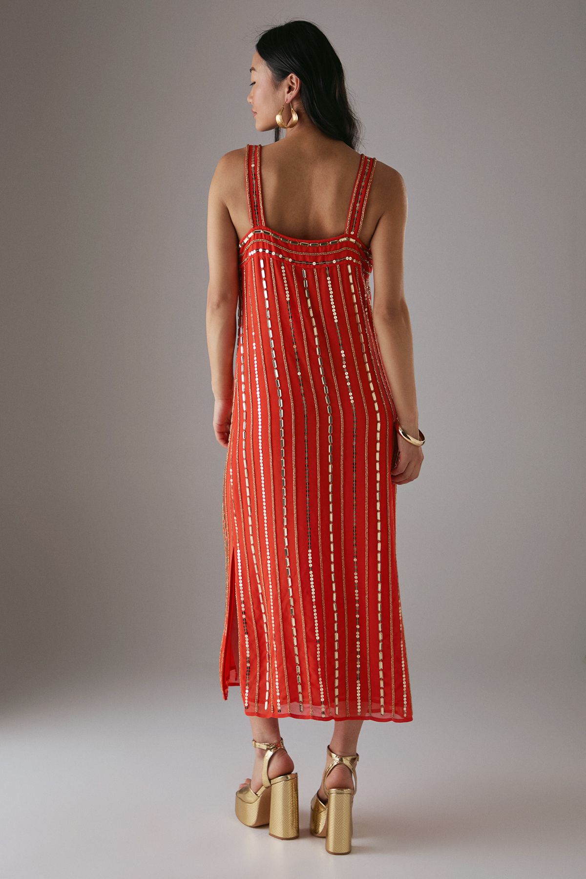 Warehouse Petite Hand Embellished Square Neck Strappy Midi Dress Burnt Orange image 3