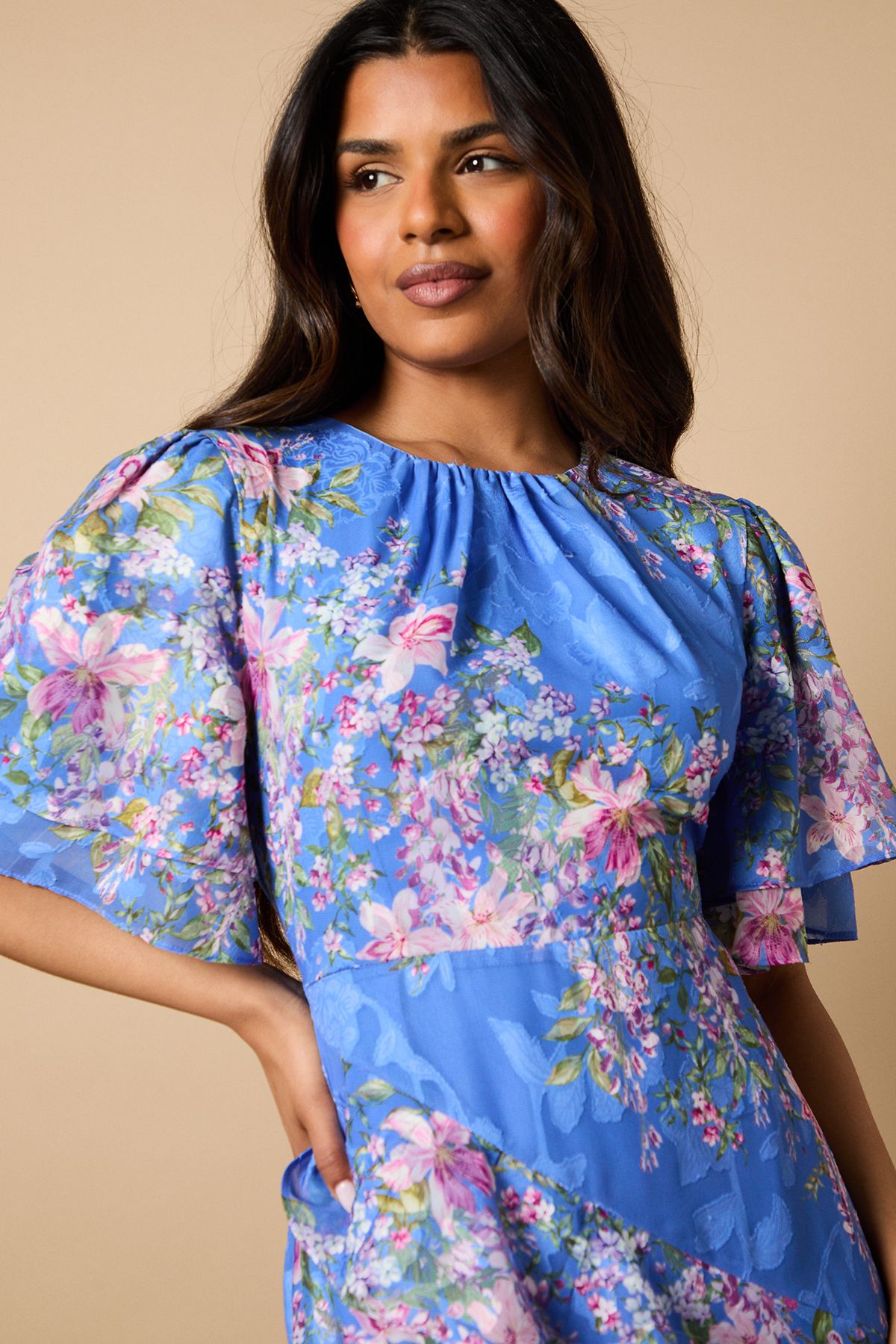 Oasis Petite Double Frill Satin Burnout Midi Dress Navy image 4