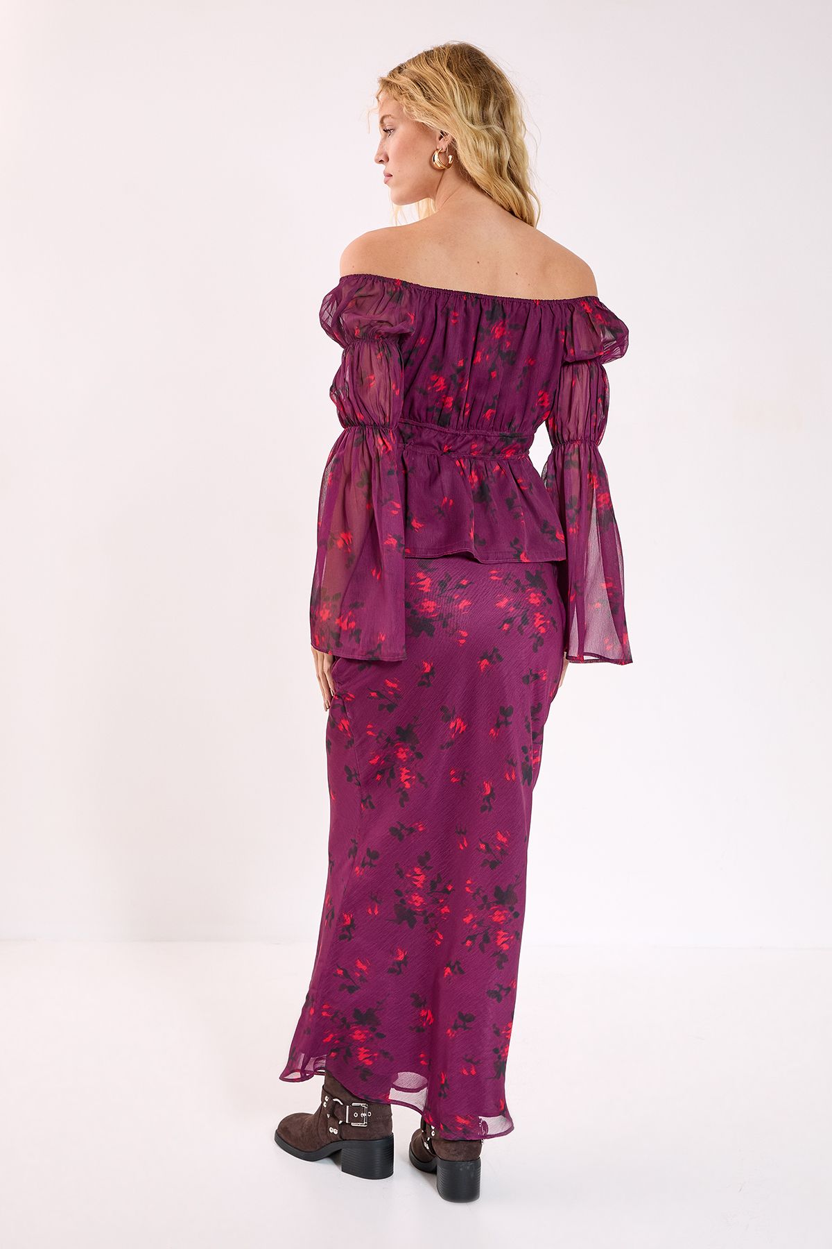 NastyGal Floral Chiffon Bias Maxi Skirt Wine image 3