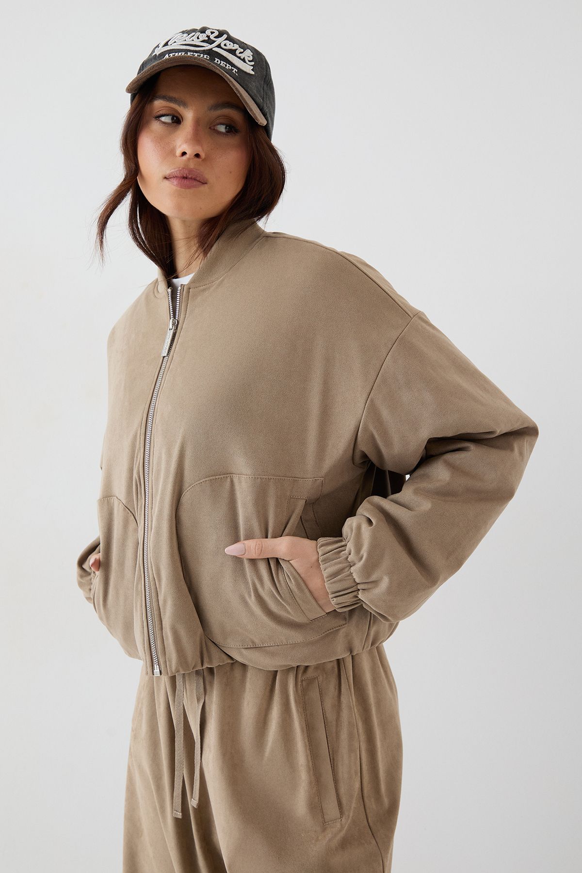 DSGN Studio DSGN Studio Faux Suede Padded Zip Through Bomber Jacket Stone image 1