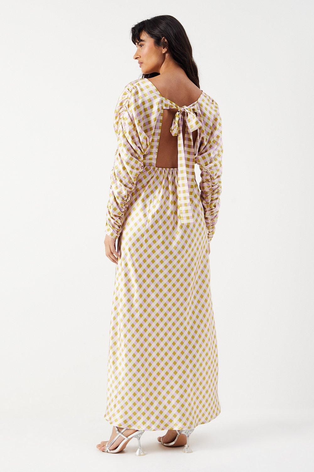 Warehouse Gingham Satin Batwing Bias Midi Dress Lilac image 3