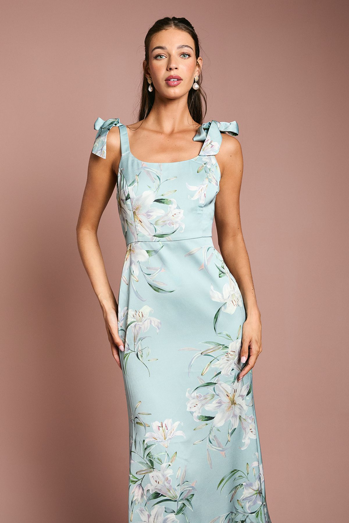Coast Printed Satin Tie Shoulder Bridesmaid Dress Sage image 2