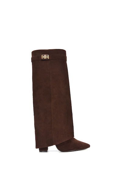 XY London 'Rayna' Block Heel Knee High Foldover Boots With Pointed Toe