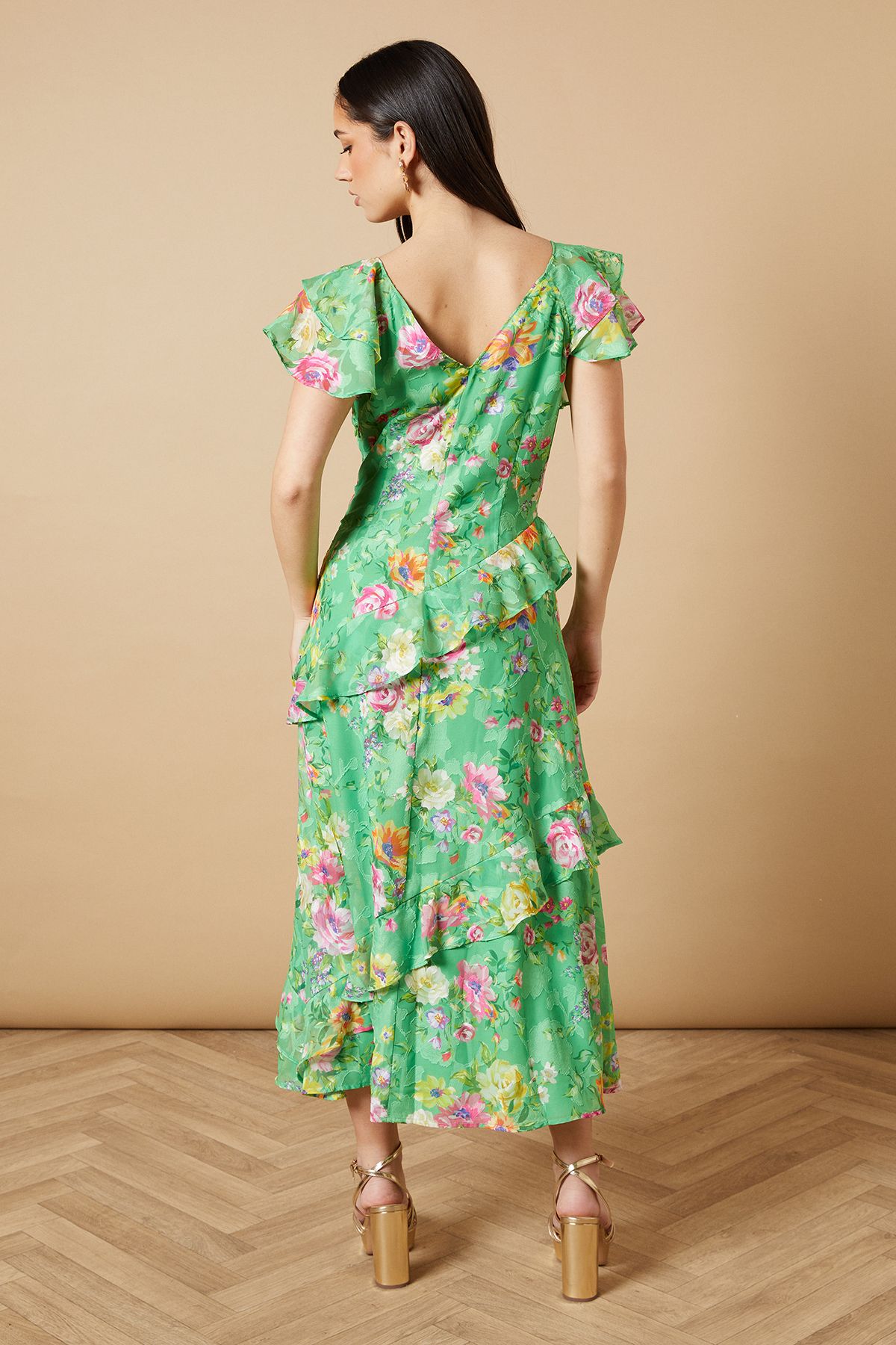 Oasis Occasion Ruffle Sleeve Jacquard Midi Dress Green image 3