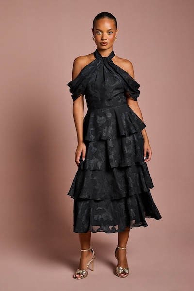 Coast Petite Cold Shoulder Chiffon Midaxi Dress Black