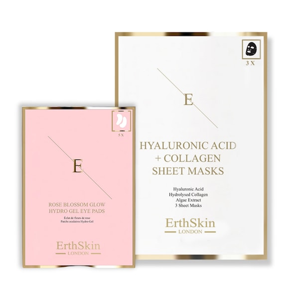 Erth Skin London Glow-Enhancing Combo Hyaluronic Acid & Collagen Mask - 3 Sheets + Rose Blossom Glow Hydro-Gel Eye Pads 5 x 2