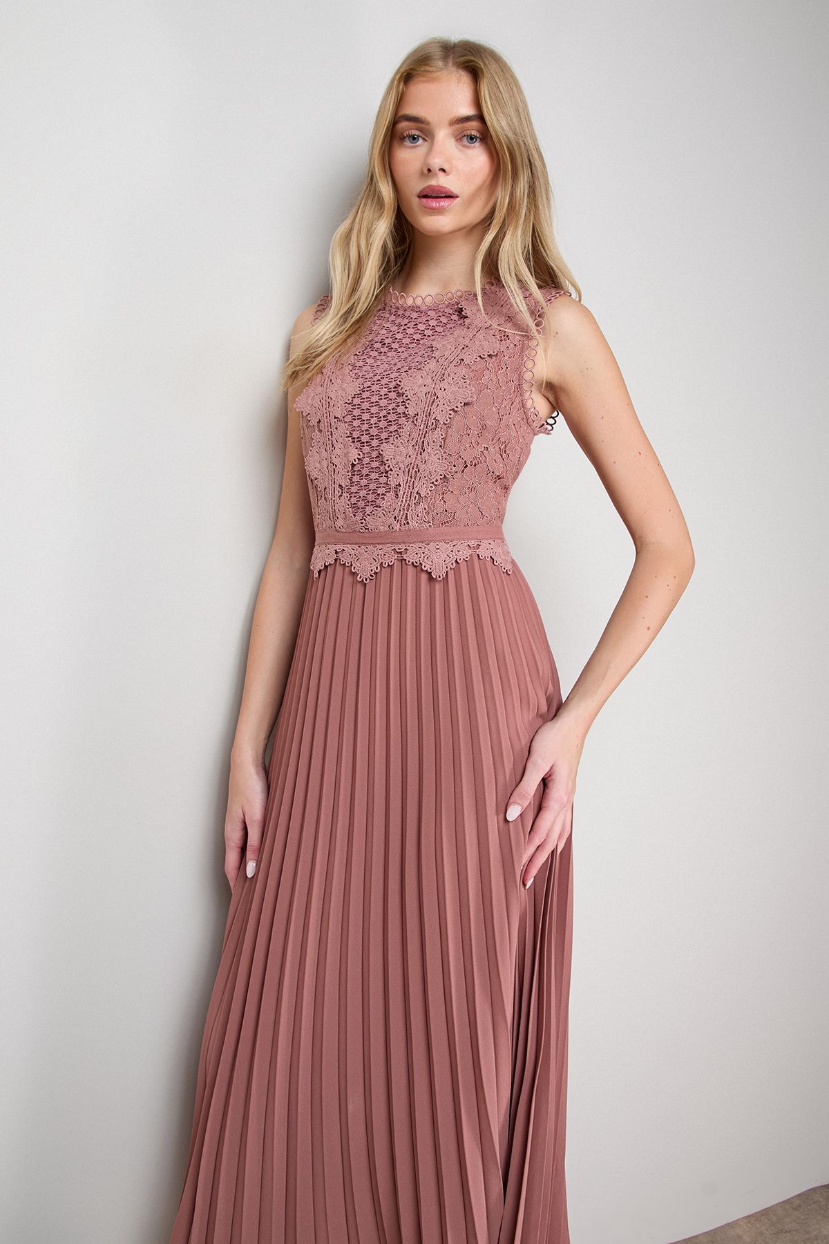 Oasis Lace Trim Detail Pleated Midi Dress Champagne image 2
