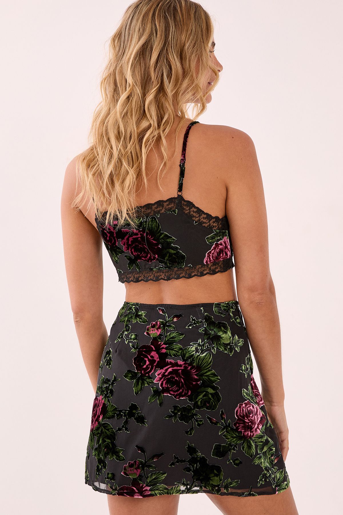 NastyGal Floral Devore Lace Trim Split Mini Skirt Green image 3