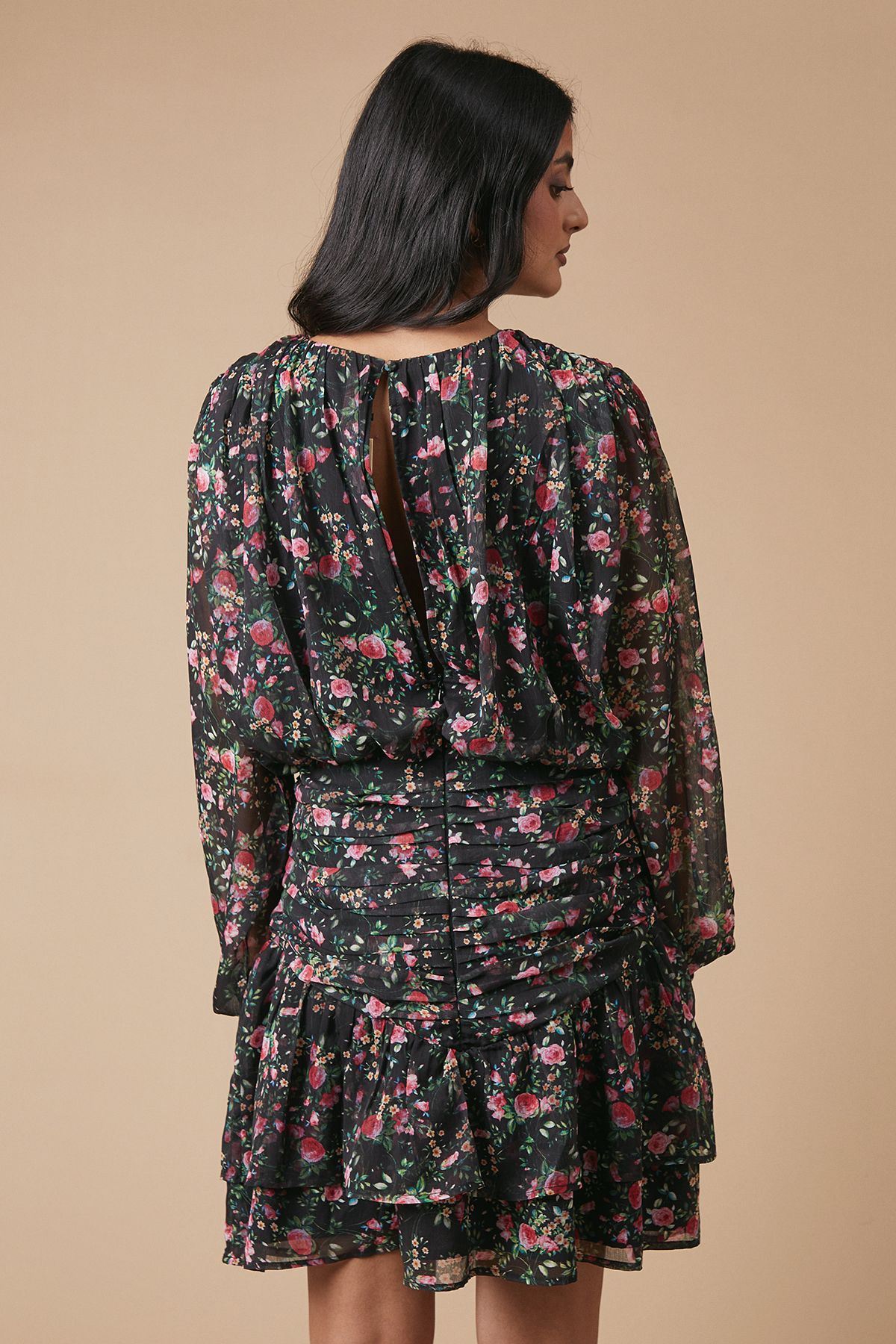 Oasis Floral Chiffon Gathered Ruched Mini Dress True Black image 4