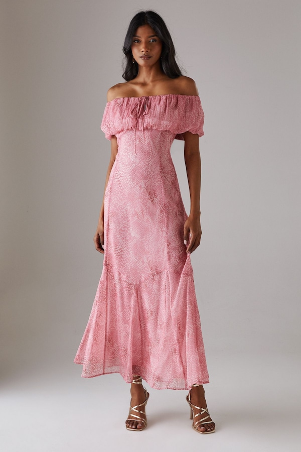 Warehouse Chiffon Bardot Godet Insert Milkmaid Midi Dress Pink