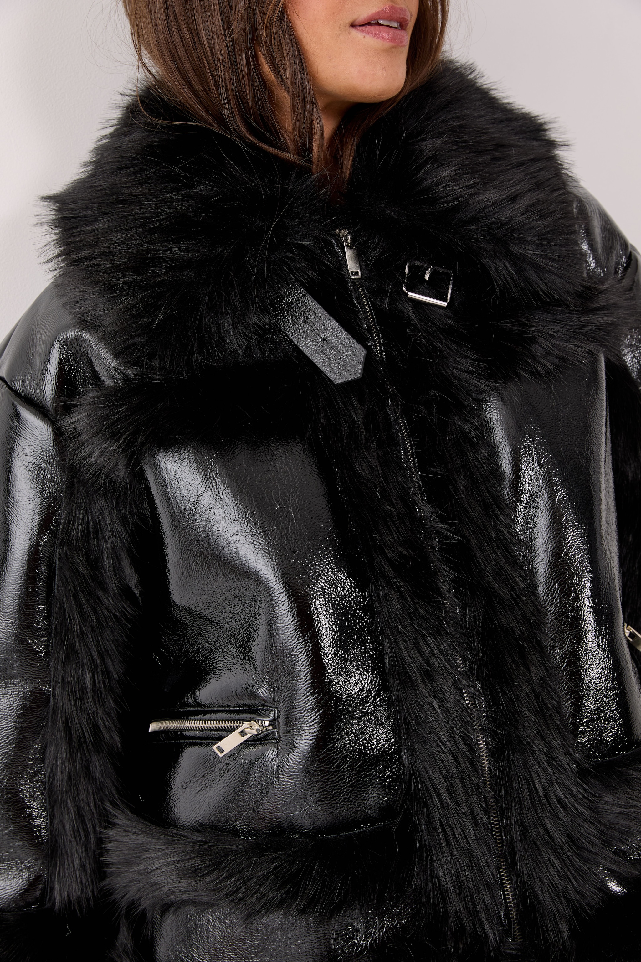 NastyGal Premium Vinyl Plush Fur Buckle Aviator Black image 7