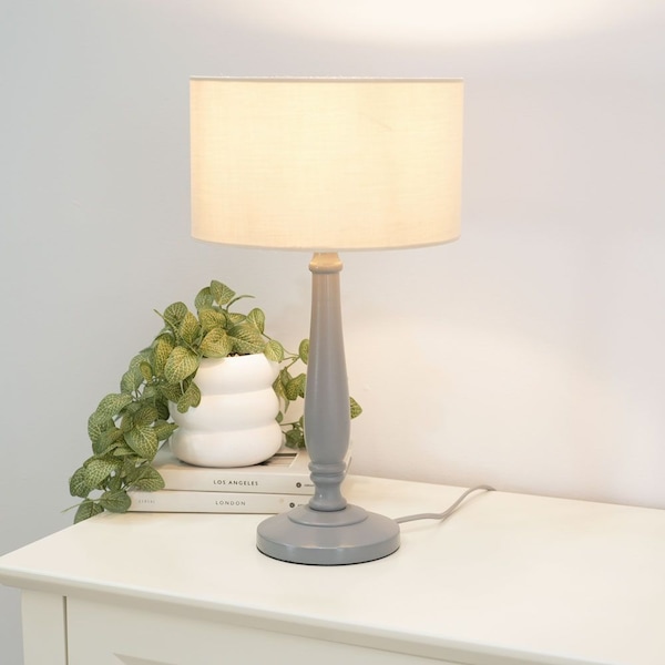 ValueLights Victoria Grey Wood Traditional Table Lamp with Fabric Drum Shade